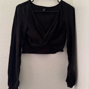 Black Long Sleeve Twist Front Top